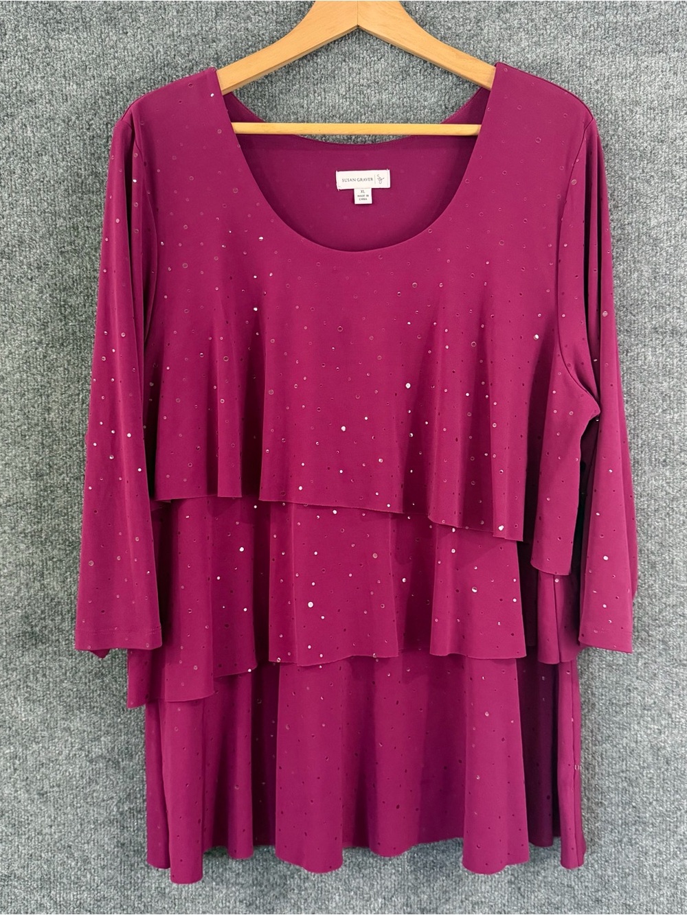 Susan Graver Womens Liquid Knit Rhinestone Layered Top Size XL Berry Office